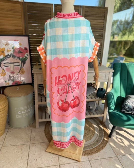 Robe-chemise longue oversize ciel rouge & corail Flamant Rose et cerises du 40 au 52 et même + 