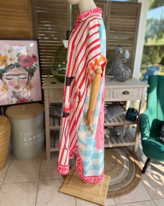 Robe-chemise longue oversize ciel rouge & corail Flamant Rose et cerises du 40 au 52 et même + 