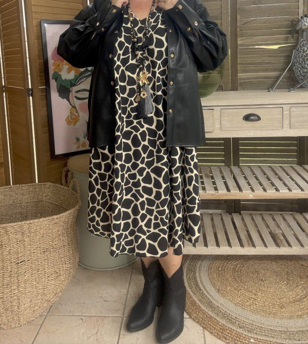 Robe trapèze asymétrique noire et beige Ethnique Girafe du 40 au 52/54 
