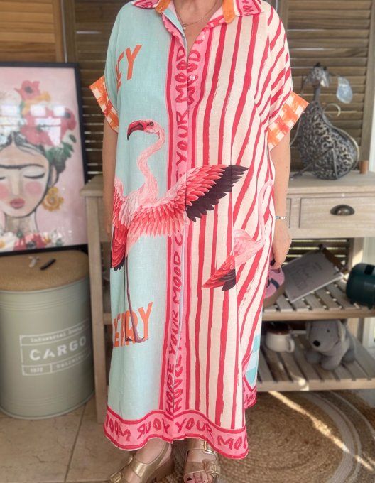 Robe-chemise longue oversize ciel rouge & corail Flamant Rose et cerises du 40 au 52 et même + 