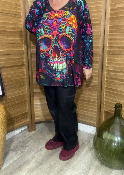 Top manches longues multicolore Mexican Skulls Calavera du 40 au 52 