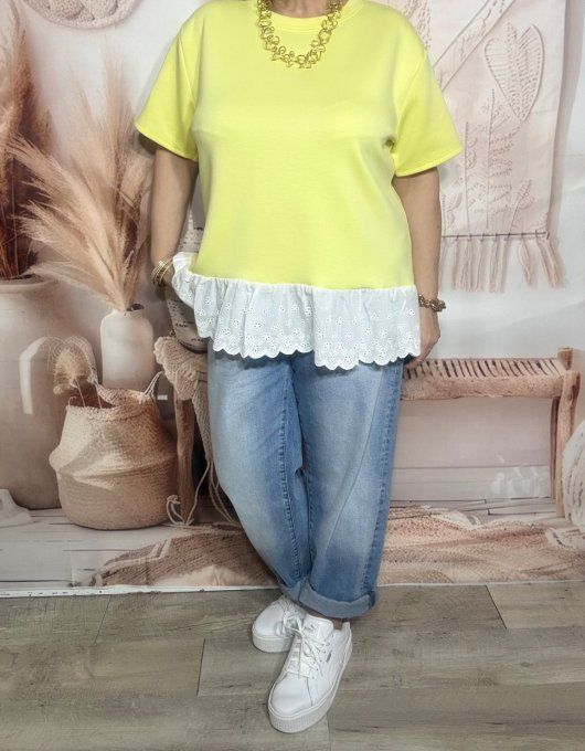 Top trapèze jaune pastel volants broderie anglaise blanche douceur +++ du 36 au 46/48