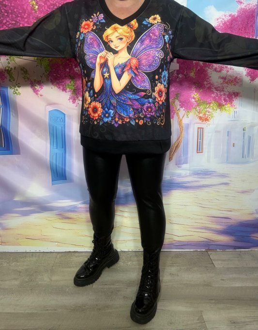 Sweat Col V noir La Fée Papillons Fleurs multicolores confort +++ du 34 au 44