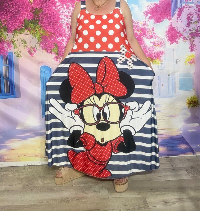 Robe à bretelles trapèze longue effet marinière & pois Minnie Mouse Disney du 40 au 50/52