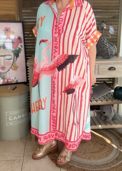 Robe-chemise longue oversize ciel rouge & corail Flamant Rose et cerises du 40 au 52 et même + 