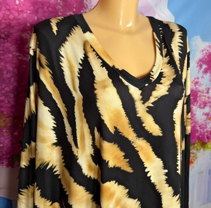 Robe longue trapèze zébrée noire crème camel mordoré Bohème chic du 42 au 54/56 