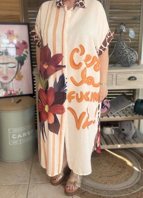 Robe-chemise longue oversize écrue Frida Kahlo Esprit Savane du 40 au 52 et même +