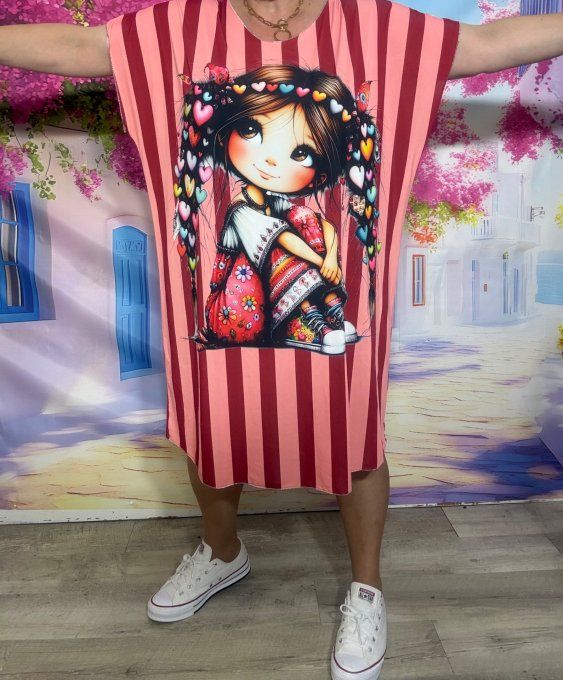 Robe droite oversize ou maxi-tunique lycra rayée rouge rose La Fillette Hippie Chic du 40 au 52