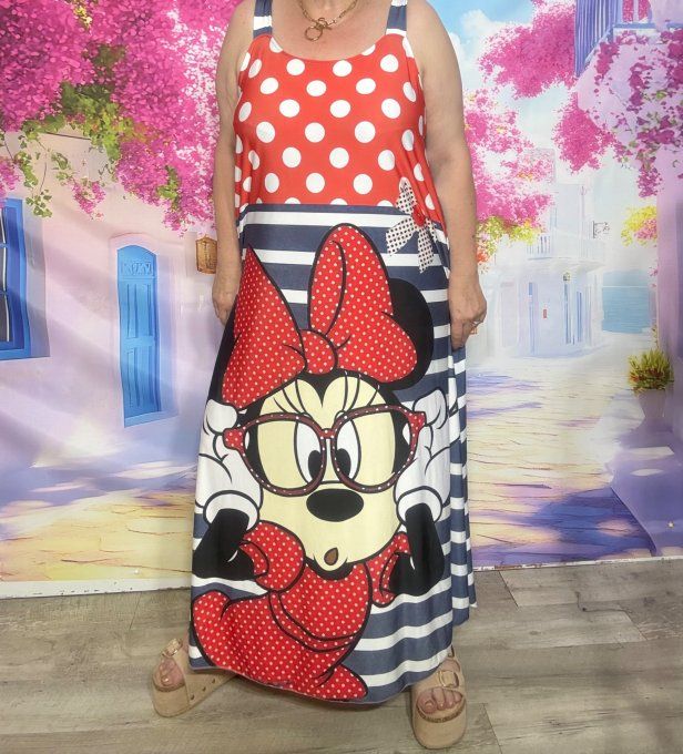 Robe à bretelles trapèze longue effet marinière & pois Minnie Mouse Disney du 40 au 50/52