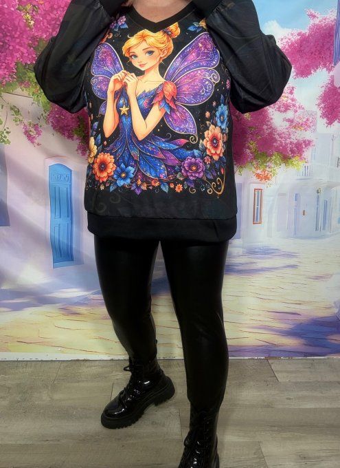 Sweat Col V noir La Fée Papillons Fleurs multicolores confort +++ du 34 au 44
