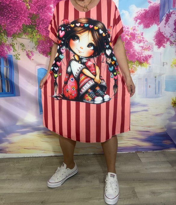 Robe droite oversize ou maxi-tunique lycra rayée rouge rose La Fillette Hippie Chic du 40 au 52