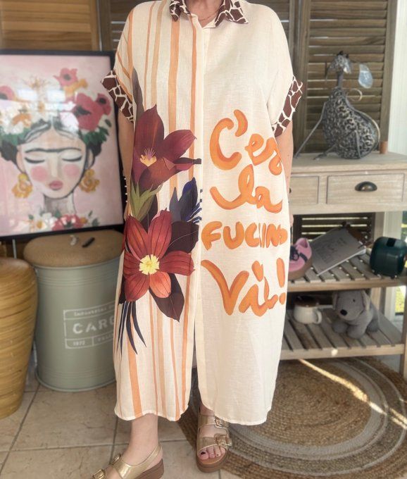 Robe-chemise longue oversize écrue Frida Kahlo Esprit Savane du 40 au 52 et même +