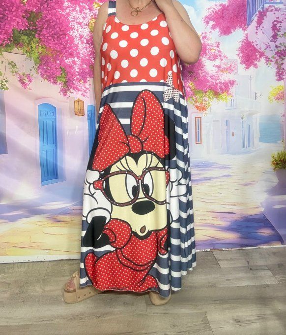 Robe à bretelles trapèze longue effet marinière & pois Minnie Mouse Disney du 40 au 50/52