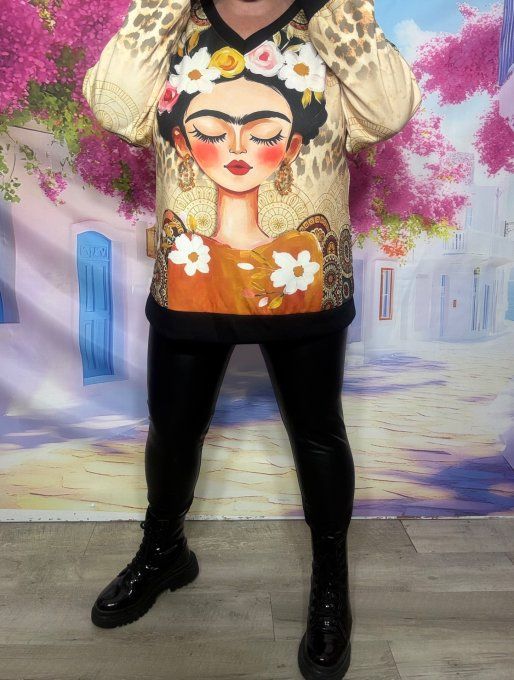 Sweat Col V beige Frida Kahlo et Mandalas multicolores confort +++ du 34 au 44 