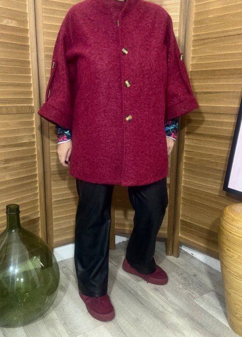Manteau court manches raglan bouclette Bordeaux chiné du 40 au 52/54 et même + 