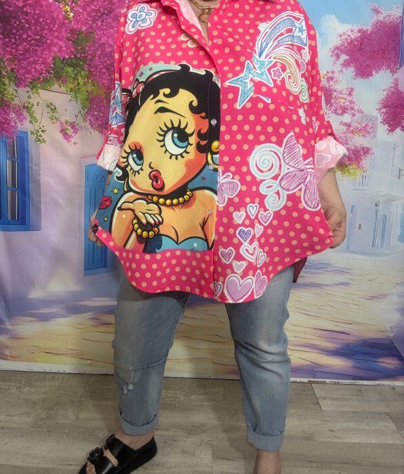 Chemise rose vif pois corail manches réglables Betty Boop fleurs du 40 au 50/52 