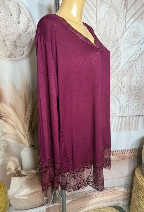 Top dentelle / Sous-pull dit "Rouleau" Aubergine manches longues qualité +++ du 42 au 54/56