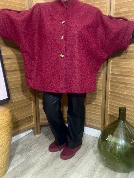 Manteau court manches raglan bouclette Bordeaux chiné du 40 au 52/54 et même + 