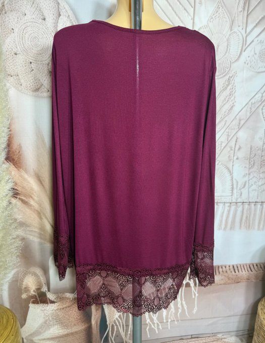 Top dentelle / Sous-pull dit "Rouleau" Aubergine manches longues qualité +++ du 42 au 54/56