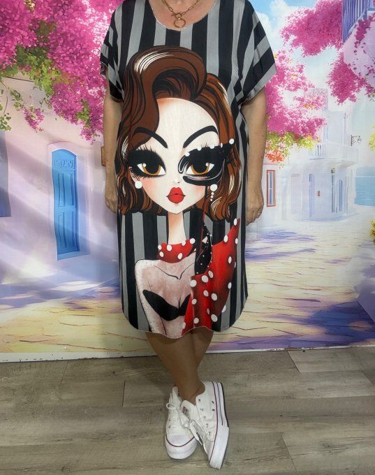 Robe droite oversize ou maxi-tunique lycra rayée noire et grise Pretty Chic 50' Woman du 40 au 52