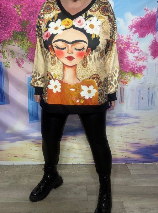 Sweat Col V beige Frida Kahlo et Mandalas multicolores confort +++ du 34 au 44 