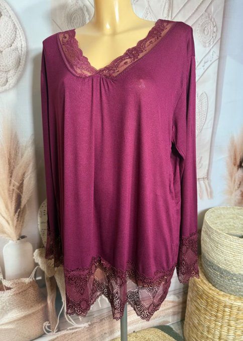 Top dentelle / Sous-pull dit "Rouleau" Aubergine manches longues qualité +++ du 42 au 54/56