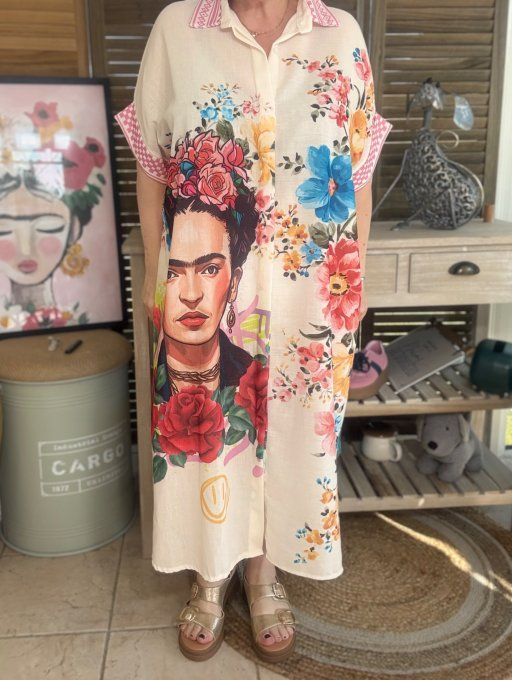 Robe-chemise longue oversize écrue Frida Kahlo aux Fleurs du 40 au 52 et même + 