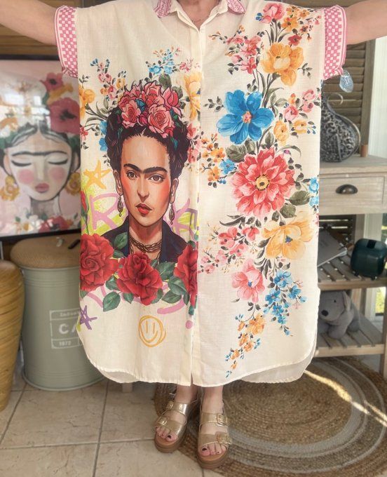 Robe-chemise longue oversize écrue Frida Kahlo aux Fleurs du 40 au 52 et même + 