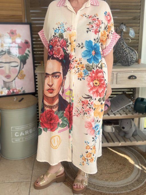 Robe-chemise longue oversize écrue Frida Kahlo aux Fleurs du 40 au 52 et même + 