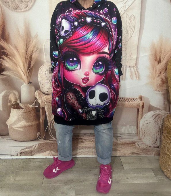 Sweat à capuche long ou robe sweat La Fillette Arc-en-ciel & Skeleton du 40 au 52  