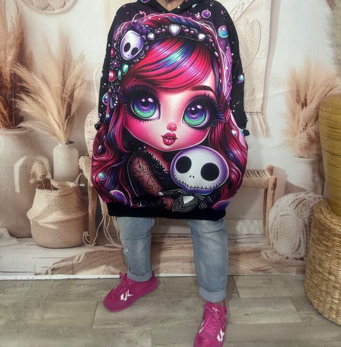 Sweat à capuche long ou robe sweat La Fillette Arc-en-ciel & Skeleton du 40 au 52  