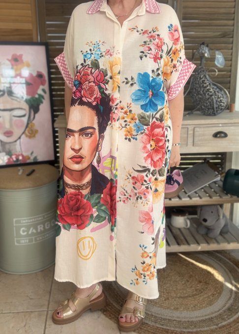 Robe-chemise longue oversize écrue Frida Kahlo aux Fleurs du 40 au 52 et même + 