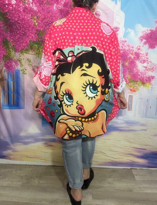 Chemise rose vif pois corail manches réglables Betty Boop fleurs du 40 au 50/52 