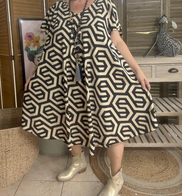 Robe trapèze ample noire et beige Ethnique Mosaïque du 40 au 52/54  
