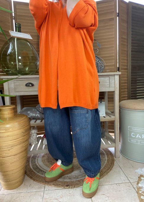 Gilet long sans laine ample orange étoile pailletée douceur ++++ du 38 au 50/52 