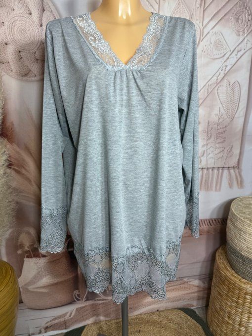 Top dentelle / Sous-pull dit "Rouleau" gris chiné manches longues qualité +++ du 42 au 54/56