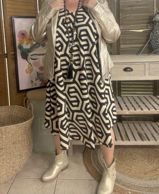 Robe trapèze ample noire et beige Ethnique Mosaïque du 40 au 52/54  