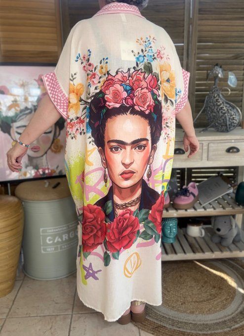 Robe-chemise longue oversize écrue Frida Kahlo aux Fleurs du 40 au 52 et même + 