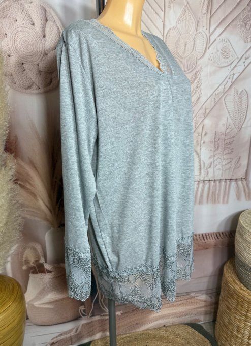 Top dentelle / Sous-pull dit "Rouleau" gris chiné manches longues qualité +++ du 42 au 54/56