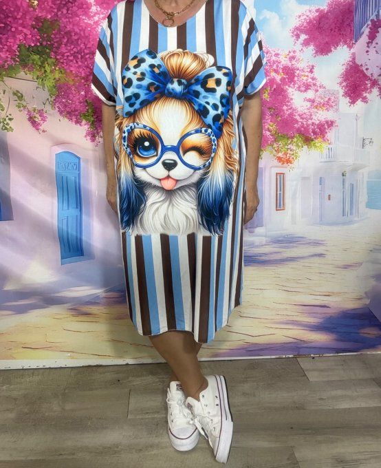 Robe droite oversize ou maxi-tunique lycra rayée bleu choco Mon petit Bichon du 40 au 52 