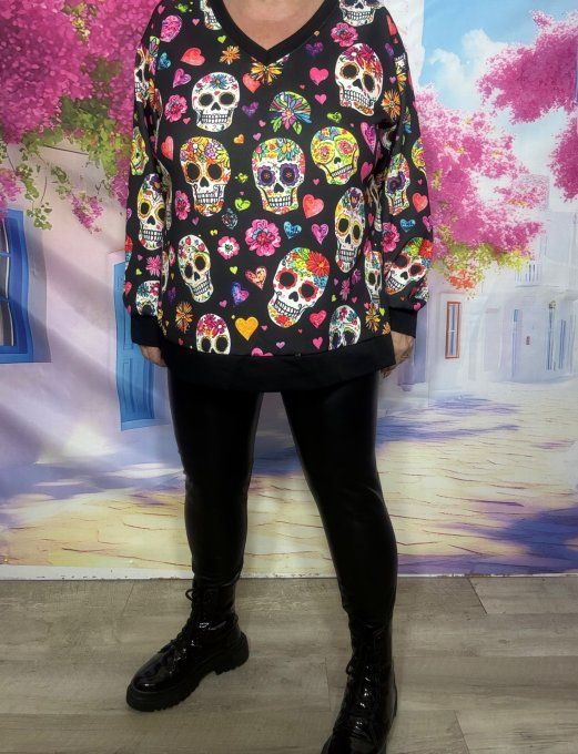 Sweat Col V noir Mexican Skulls Calaveras multicolores All-Over confort +++ du 34 au 44