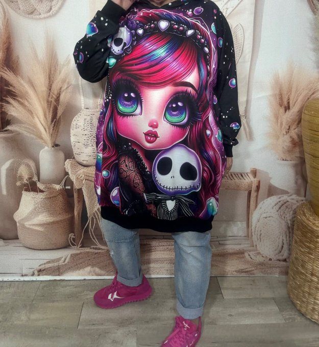 Sweat à capuche long ou robe sweat La Fillette Arc-en-ciel & Skeleton du 40 au 52  