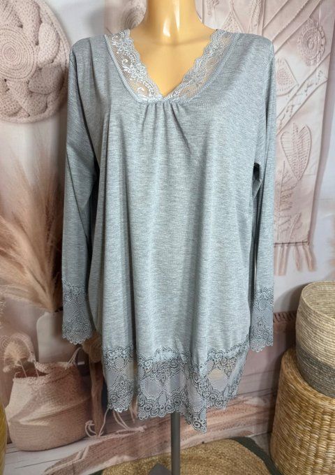 Top dentelle / Sous-pull dit "Rouleau" gris chiné manches longues qualité +++ du 42 au 54/56