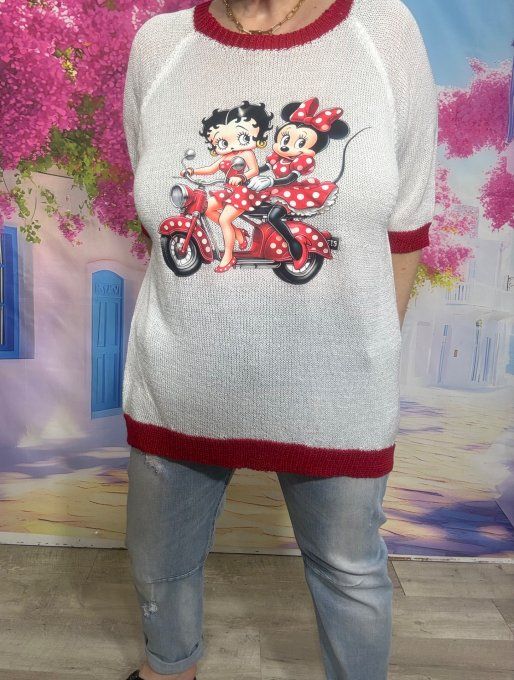 Pull fin SANS LAINE blanc & rouge Betty Boop et Minnie du 40 au 50/52  