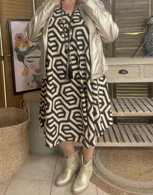 Robe trapèze ample noire et beige Ethnique Mosaïque du 40 au 52/54  