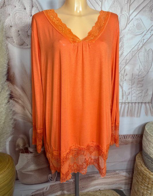 Top dentelle / Sous-pull dit "Rouleau" orange manches longues qualité +++ du 42 au 54/56 