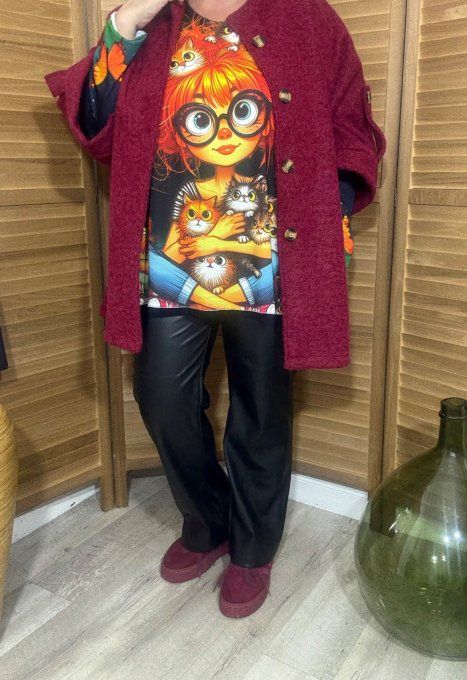 Manteau court manches raglan bouclette Bordeaux chiné du 40 au 52/54 et même + 