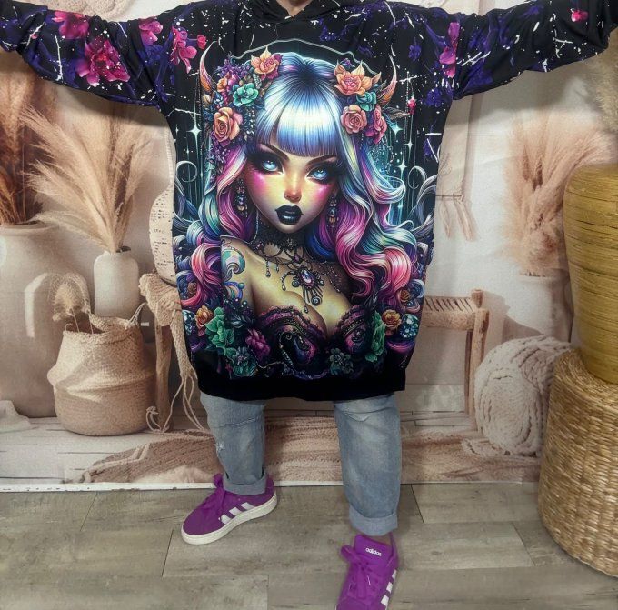 Sweat à capuche long ou robe sweat Pretty Rainbow Gothic Girl du 40 au 52  