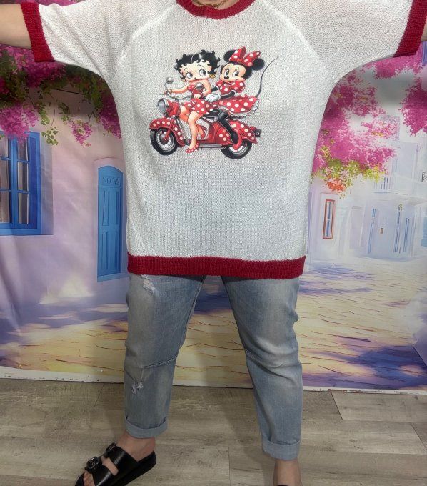 Pull fin SANS LAINE blanc & rouge Betty Boop et Minnie du 40 au 50/52  