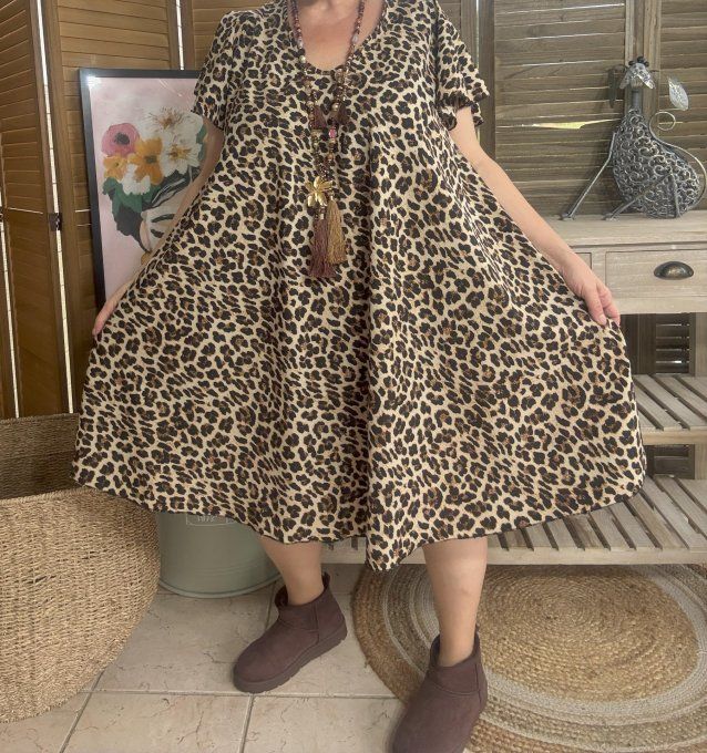 Robe trapèze ample Léopard Camel Chocolat noir du 40 au 52/54 